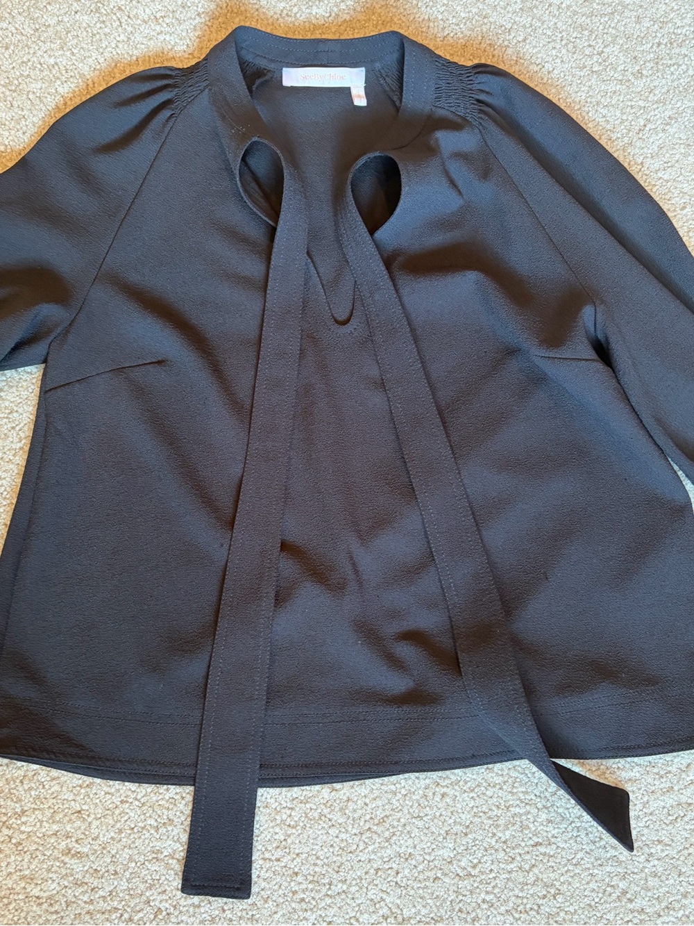 See by Chloe, Black Tie-Neck Long Sleeve Blouse. - Picture 7 of 8